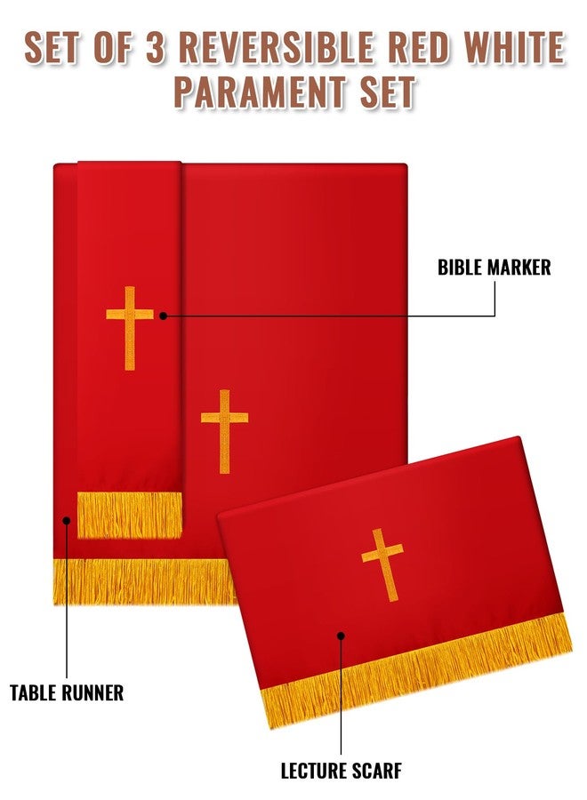 Cutecrop Set of 3 Reversible Clergy Reversible Red White Parament Set Table Runner Bookmark Pulpit Scarf Set with Gold Cross for Gift - Image 2