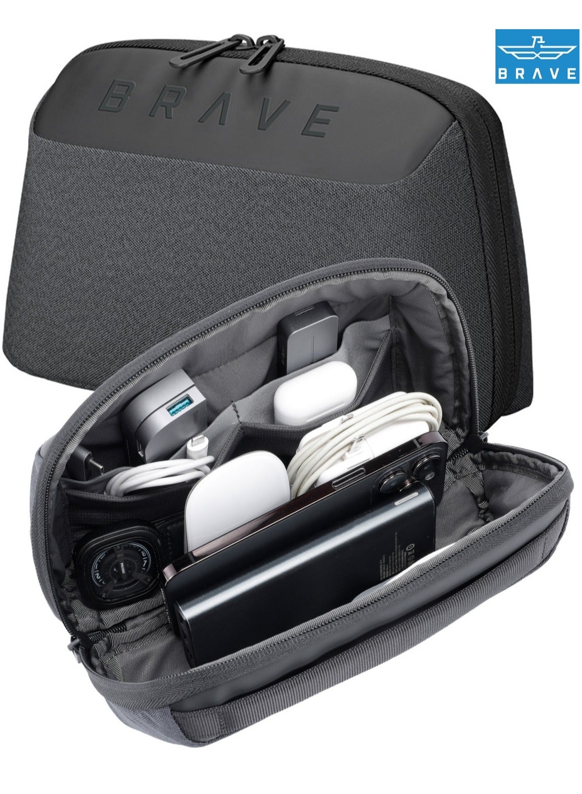 Brave Travel Pouch Electronics Organizer Bag, Electronic Organizer Storage Case, Water-Resistant Shockproof Tech Pouch for Power Bank, Charger, USB-C Cable, Charging Cables, Earbuds, Headphones, Large