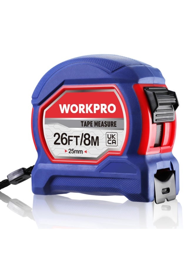 WORKPRO Tape Measure 8M 26FT, Retractable Professional Measuring Tape, Imperial and Metric Measurements with Metal Belt Clip - Image 1
