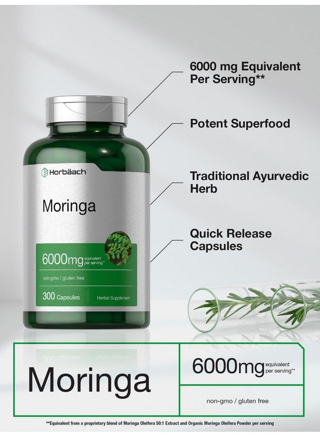Horbäach Moringa Oleifera | 6000mg | 300 Powder Capsules | Non-GMO and Gluten Free Extract Formula | Complete Green Superfood - Image 3