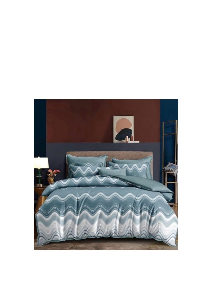 A M E 100% Cotton 6 Piece Duvet Cover Set- King Size, Includes Reversible Duvet Cover (220x240cm), Fitted Sheet (200x200cm+30 cm), 2 Pillow case & 2 Pillow Shams (48x75 +5cm), Geometric Print, Military Blue - Image 1