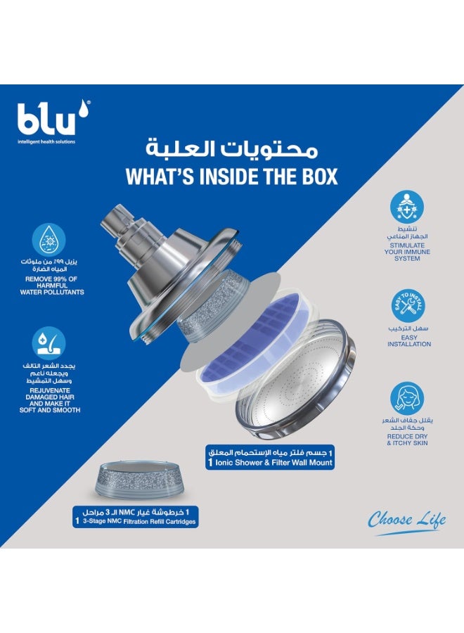 Blu Ionic Shower Head and Shower Filter - Wall Mounted - Removes Chlorine & Harmful Pollutants - Prevent Hair Loss & Moisturize Your Skin, Chrome - Image 2