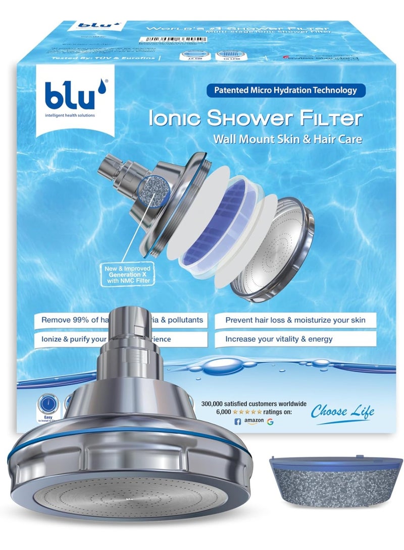 Blu Ionic Shower Head and Shower Filter - Wall Mounted - Removes Chlorine & Harmful Pollutants - Prevent Hair Loss & Moisturize Your Skin, Chrome - Image 1