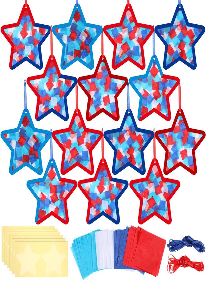 Tinlade 36 Sets 4th of July Paper Crafts Patriotic Suncatcher Red Blue Tissue Paper Craft Kit Make Your Own July 4th Star Hanging Ornaments for Independence Day Holiday DIY Activities Party Favors - Image 1