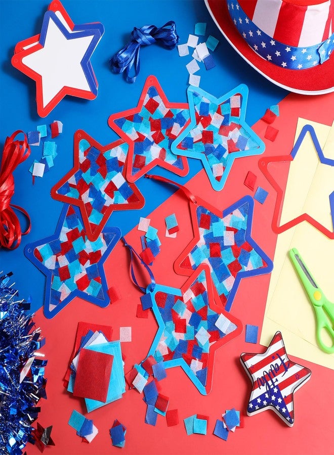 Tinlade 36 Sets 4th of July Paper Crafts Patriotic Suncatcher Red Blue Tissue Paper Craft Kit Make Your Own July 4th Star Hanging Ornaments for Independence Day Holiday DIY Activities Party Favors - Image 5