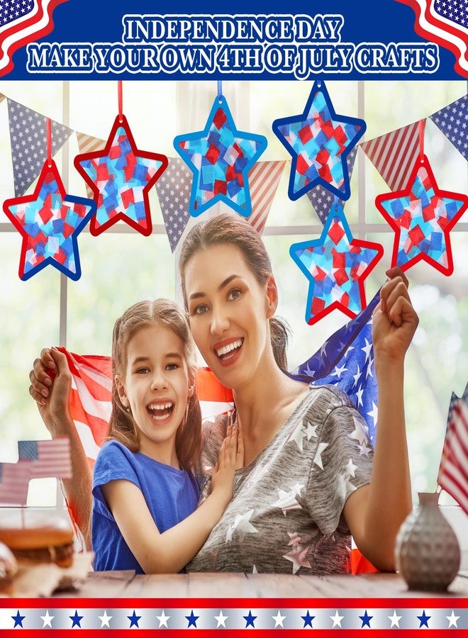 Tinlade 36 Sets 4th of July Paper Crafts Patriotic Suncatcher Red Blue Tissue Paper Craft Kit Make Your Own July 4th Star Hanging Ornaments for Independence Day Holiday DIY Activities Party Favors - Image 4