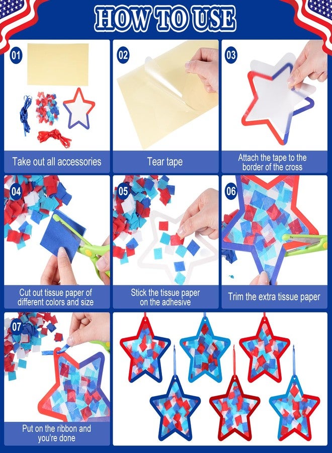 Tinlade 36 Sets 4th of July Paper Crafts Patriotic Suncatcher Red Blue Tissue Paper Craft Kit Make Your Own July 4th Star Hanging Ornaments for Independence Day Holiday DIY Activities Party Favors - Image 3