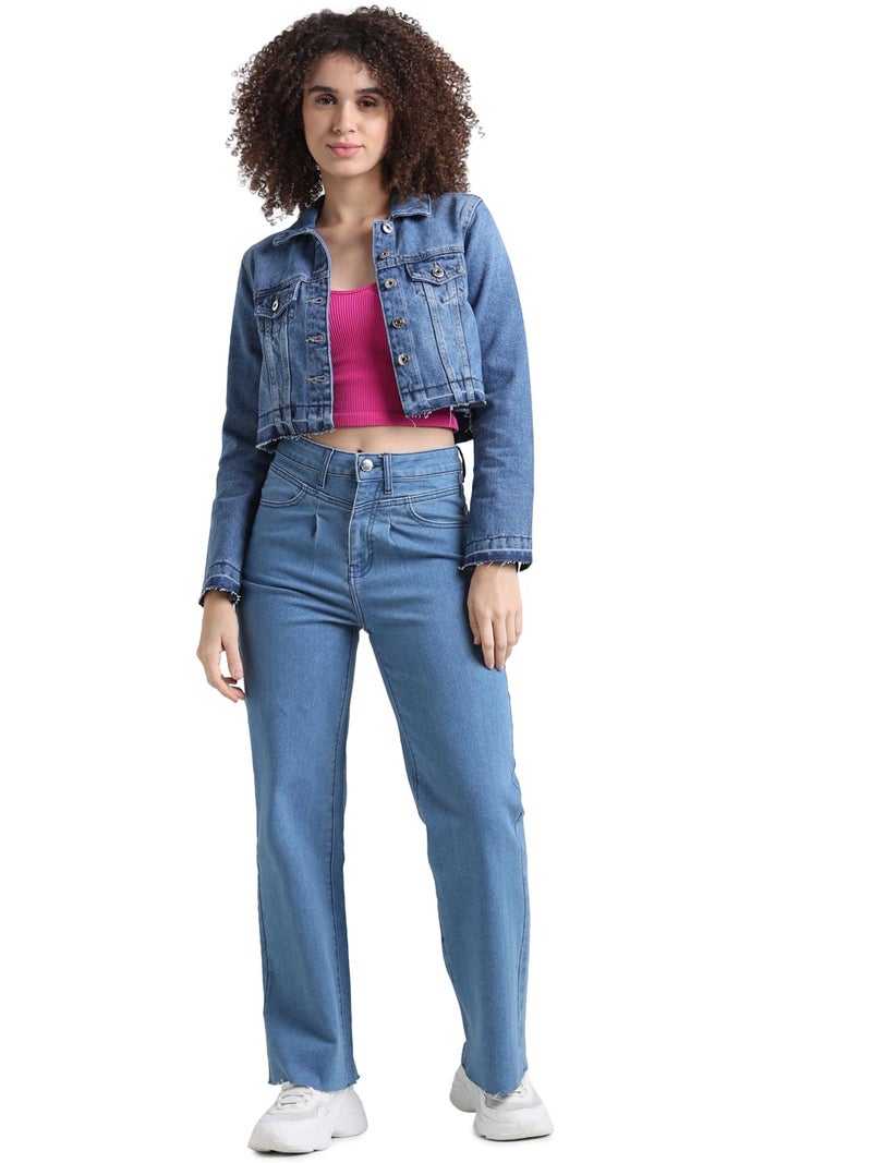 ONLY Women Solid Cotton Crop Length Blue Denim Jacket - Image 1
