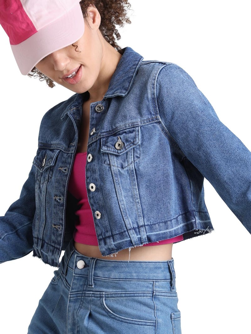 ONLY Women Solid Cotton Crop Length Blue Denim Jacket - Image 2