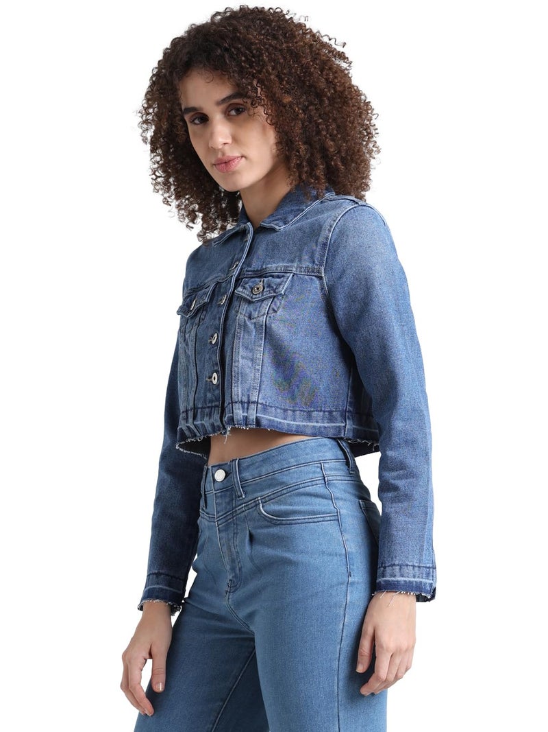 ONLY Women Solid Cotton Crop Length Blue Denim Jacket - Image 5