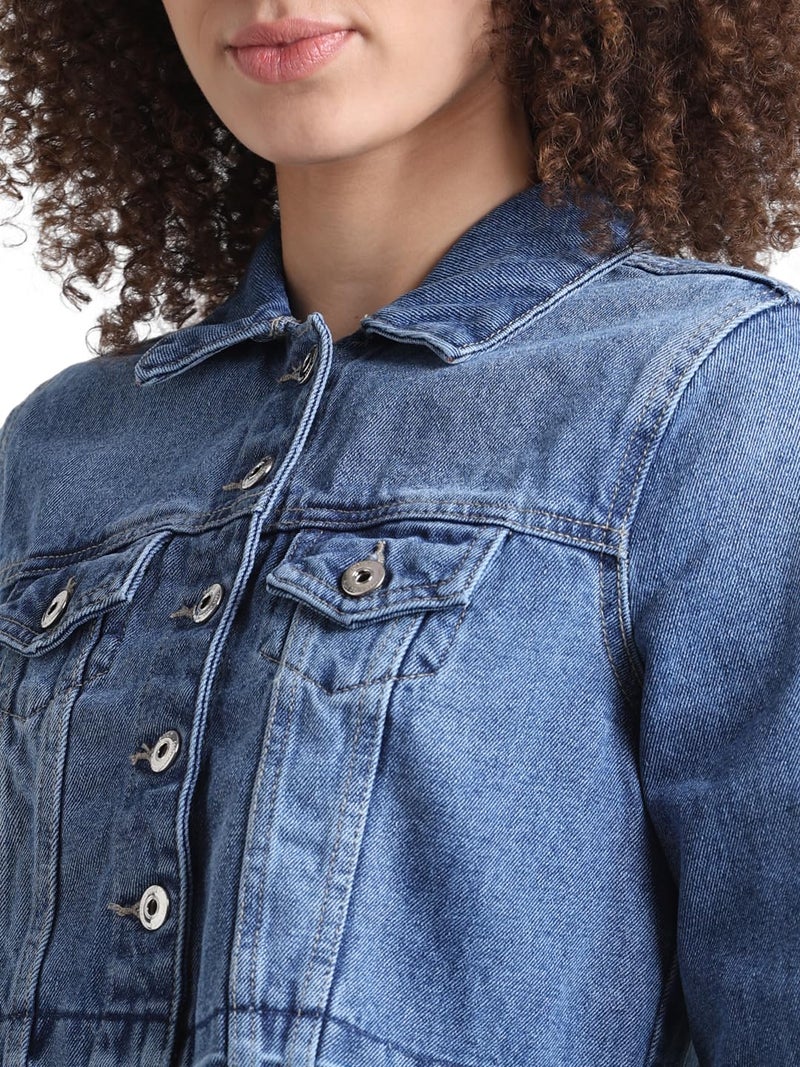 ONLY Women Solid Cotton Crop Length Blue Denim Jacket - Image 4