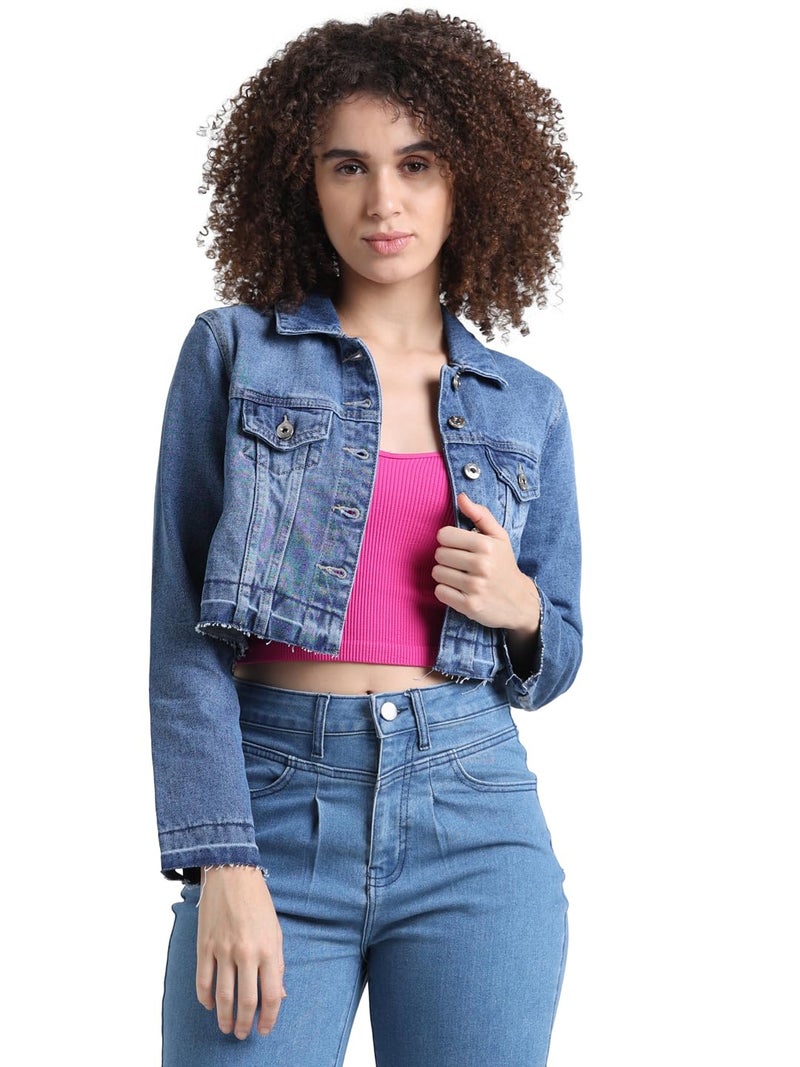 ONLY Women Solid Cotton Crop Length Blue Denim Jacket - Image 3