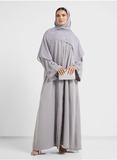 Embellished oprn front flared sleeve abaya