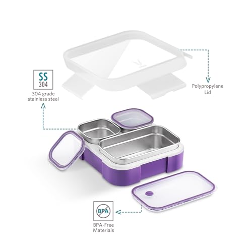 VAYA Tydbyt Stainless Steel Lunch Box for Kids Girls & Boys, 650 ml, 3 Stainless Steel Containers, School Tiffin Box, BPA-Free, Durable & Easy to Carry, Purple - Image 4
