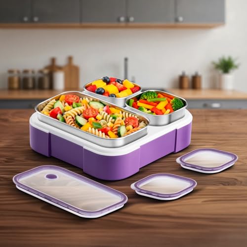 VAYA Tydbyt Stainless Steel Lunch Box for Kids Girls & Boys, 650 ml, 3 Stainless Steel Containers, School Tiffin Box, BPA-Free, Durable & Easy to Carry, Purple - Image 2