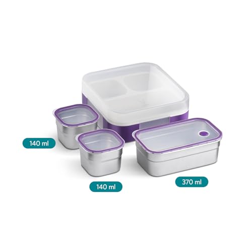 VAYA Tydbyt Stainless Steel Lunch Box for Kids Girls & Boys, 650 ml, 3 Stainless Steel Containers, School Tiffin Box, BPA-Free, Durable & Easy to Carry, Purple - Image 3