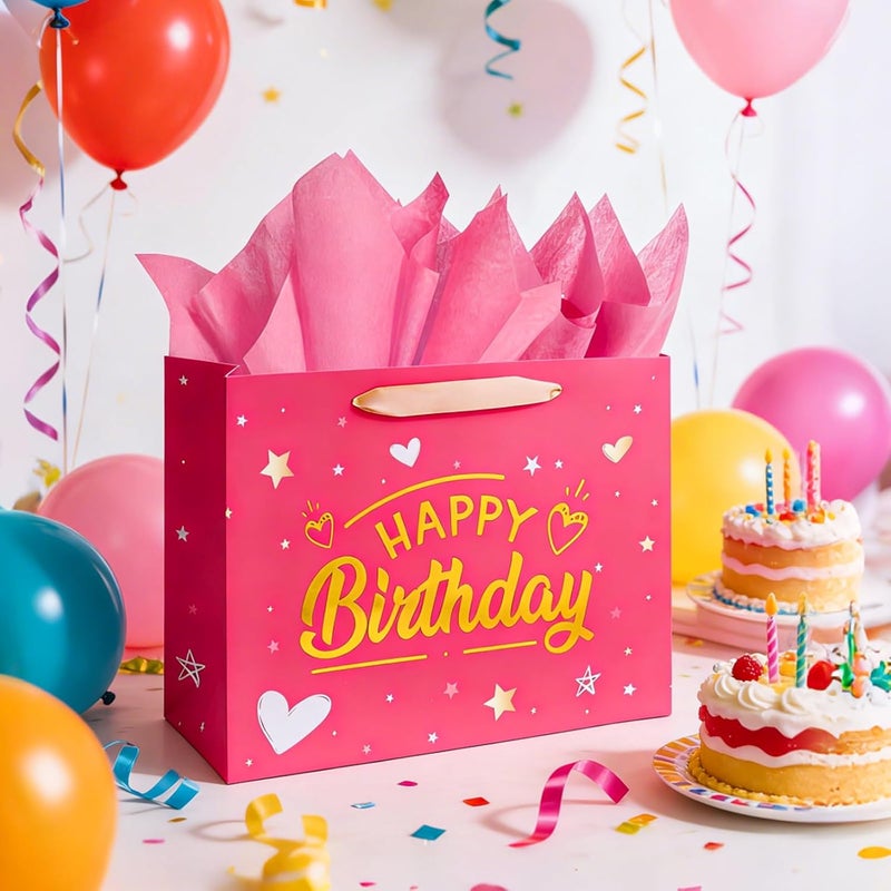 Yixiang 13-Inch Pink Birthday Gift Bag with Tissue Paper and Greeting Card - Image 5