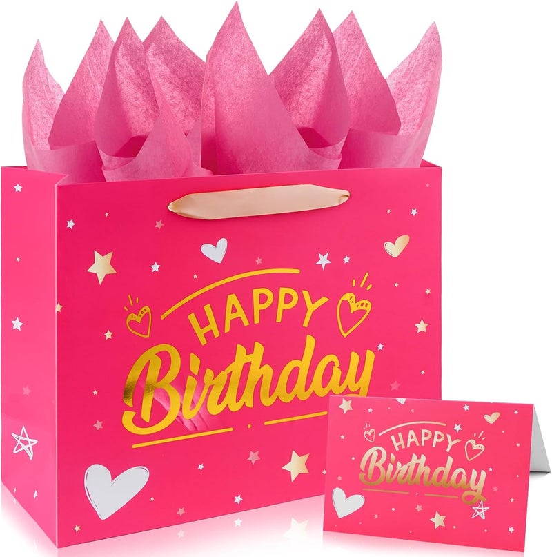 Yixiang 13-Inch Pink Birthday Gift Bag with Tissue Paper and Greeting Card - Image 1