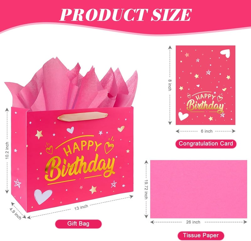 Yixiang 13-Inch Pink Birthday Gift Bag with Tissue Paper and Greeting Card - Image 2