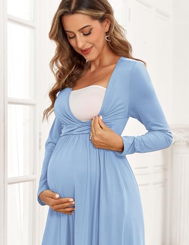 AISWI 2025 Women's Maternity Maxi Dress Long Sleeve Wrap V Neck Pregnancy Dresses with Pockets Baby Shower Photoshoot Formal Cocktail, Light Blue, Medium - Image 3