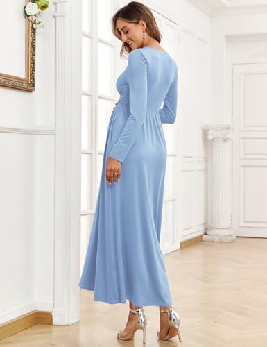 AISWI 2025 Women's Maternity Maxi Dress Long Sleeve Wrap V Neck Pregnancy Dresses with Pockets Baby Shower Photoshoot Formal Cocktail, Light Blue, Medium - Image 2