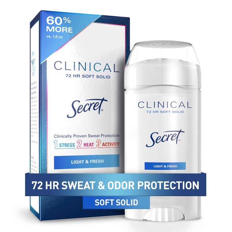 Secret Clinical Strength Antiperspirant Deodorant for Women, 3X Stress Protection, 72hr Sweat & Odor Protection, PH Balancing Minerals, Soft Solid, Light & Fresh Scent, 2.6 oz - Image 1