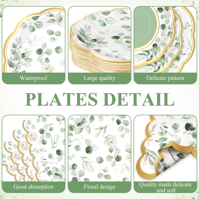 Funnymoom 250 Pcs Sage Green Baby Shower Decorations Eucalyptus Plates Cups and Napkins Paper Party Tableware Set for Bridal Shower Boho Birthday Jungle Spring Party Decorations  Serves 50 - Image 1