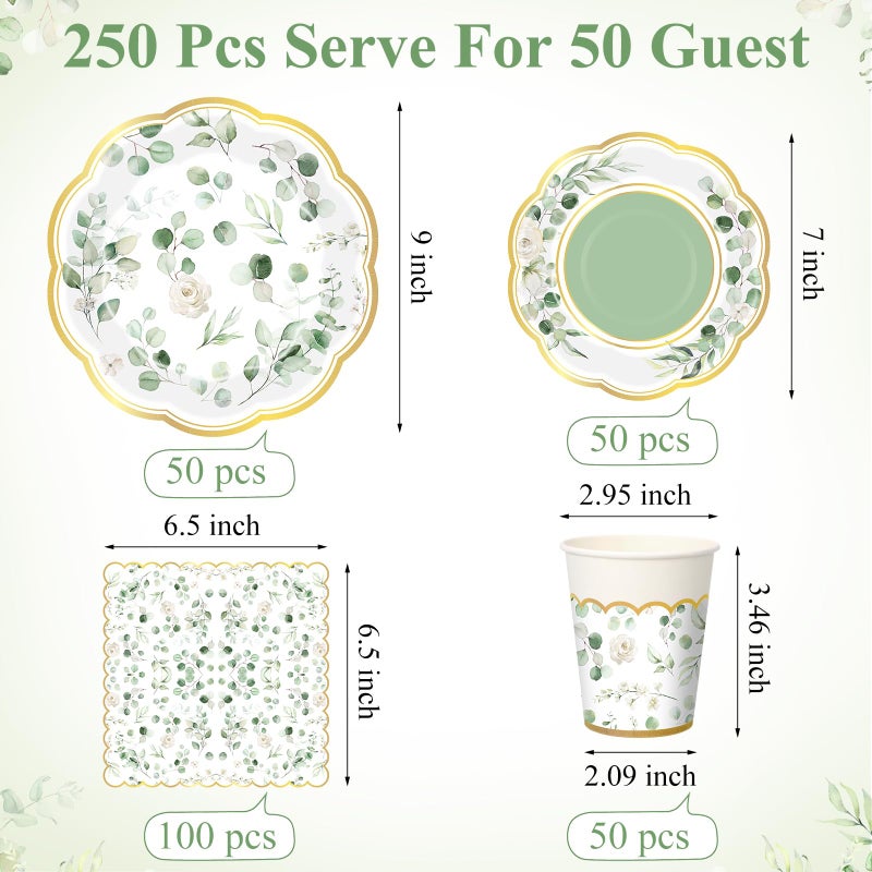 Funnymoom 250 Pcs Sage Green Baby Shower Decorations Eucalyptus Plates Cups and Napkins Paper Party Tableware Set for Bridal Shower Boho Birthday Jungle Spring Party Decorations  Serves 50 - Image 2