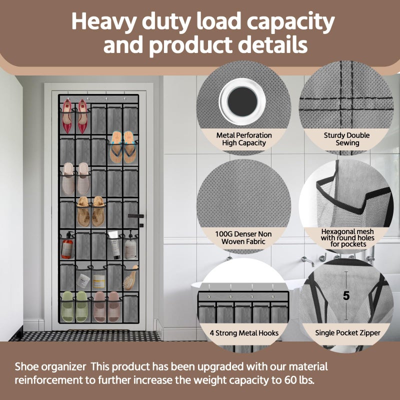 PAULONE 35 Pocket Over the Door Shoe Organizer,Reusable Breathable Large Mesh Bag Men's & Women's Sneaker Organizer,Shoe Organizer for Kids,Hanging Shoe Storage Hanging Bag (2PCS-Gray) - Image 3