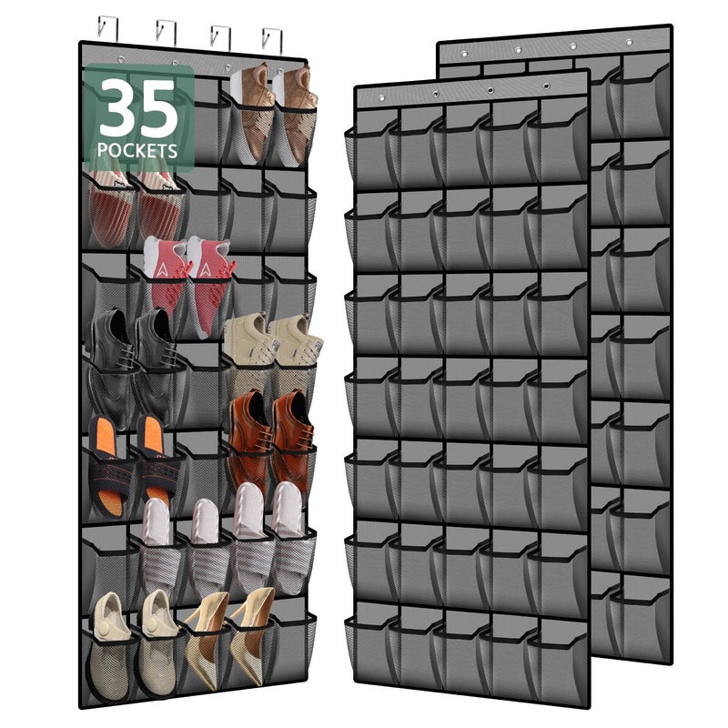 PAULONE 35 Pocket Over the Door Shoe Organizer,Reusable Breathable Large Mesh Bag Men's & Women's Sneaker Organizer,Shoe Organizer for Kids,Hanging Shoe Storage Hanging Bag (2PCS-Gray) - Image 1