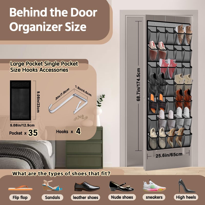 PAULONE 35 Pocket Over the Door Shoe Organizer,Reusable Breathable Large Mesh Bag Men's & Women's Sneaker Organizer,Shoe Organizer for Kids,Hanging Shoe Storage Hanging Bag (2PCS-Gray) - Image 2
