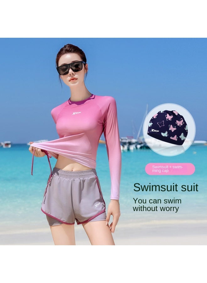 إكستيب طقم سبليت للسباحة وقبعة السباحة للنساء، بدلة سباحة عالية الجودة ومحافظة، مريح ومغطي للبطن، ملابس رياضية عادية متدرجة اللون - Image 2