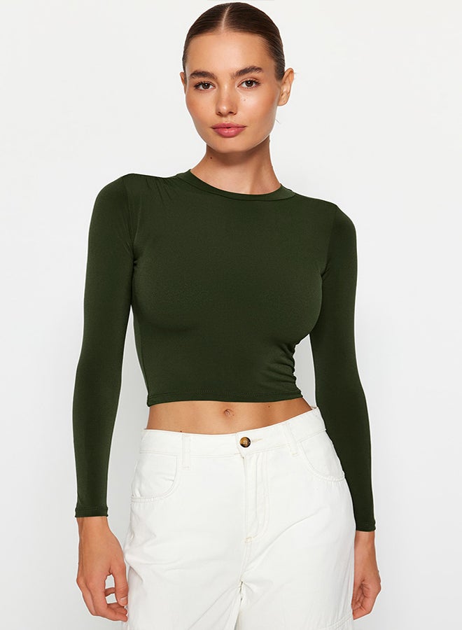 trendyol Khaki High Collar Fitted Long Sleeve Gathered Stretchy Knitted Blouse TWOAW23EL01391  - Image 4