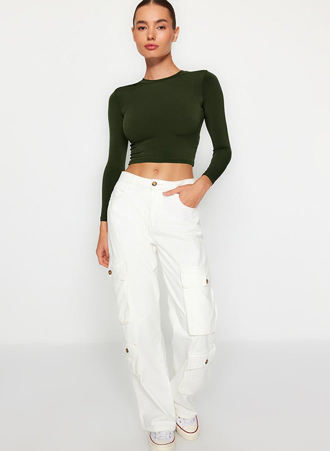 trendyol Khaki High Collar Fitted Long Sleeve Gathered Stretchy Knitted Blouse TWOAW23EL01391  - Image 1