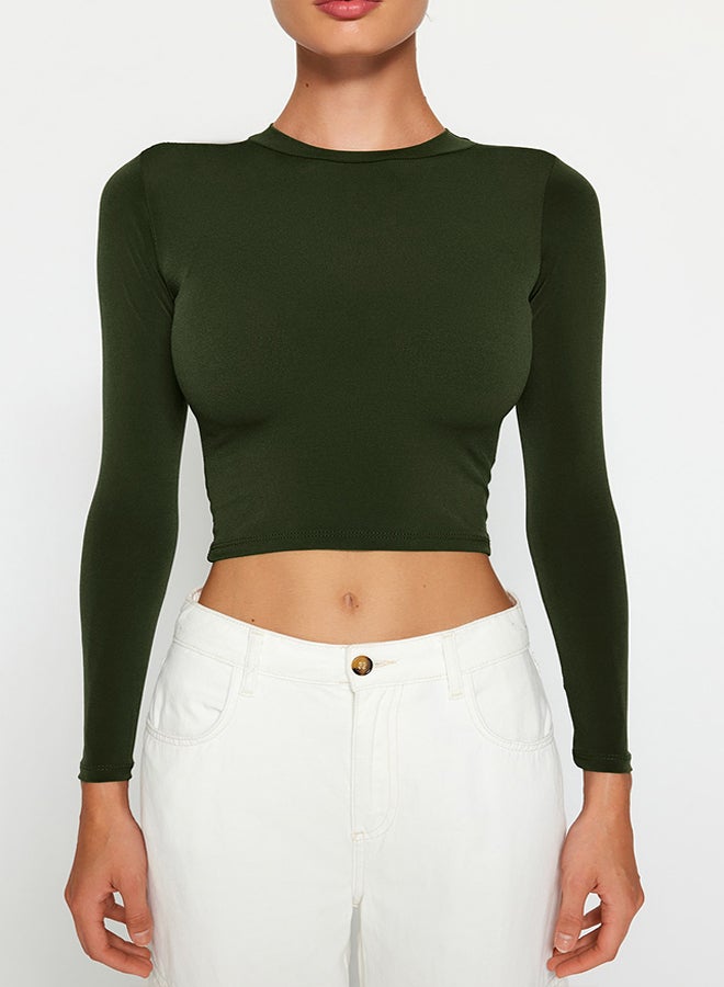 trendyol Khaki High Collar Fitted Long Sleeve Gathered Stretchy Knitted Blouse TWOAW23EL01391  - Image 2