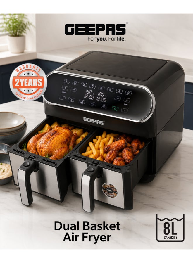 GEEPAS 8L Double Basket Air Fryer with Vortex Air Frying Technology, Digital LED Display, 60 Min Timer & Cool Touch Handle 8 L 1700 W GAF37535UK Black, Silver - Image 1