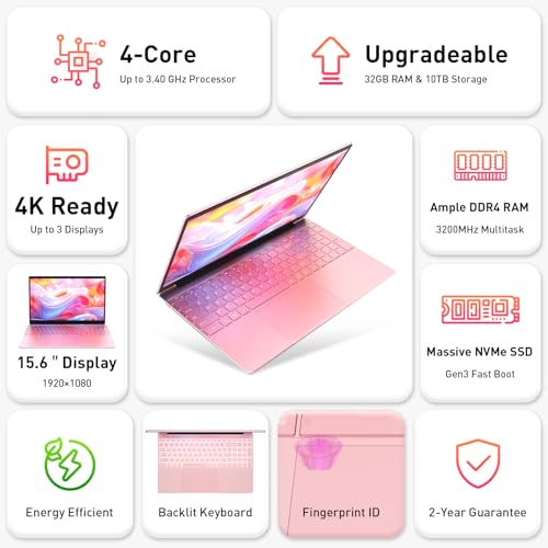 Auusda Business Laptop Computer for Work, Notebook PC for College Students, 15.6" FHD Display, 4-Core Processor, Backlit Keyboard, Fingerprint ID, Up to 10TB Storage, 32GB DDR4 RAM, 1TB NVMe, Pink - Image 2