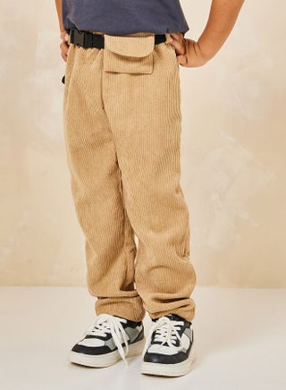 Solid Corduroy Pants with Waist Bag