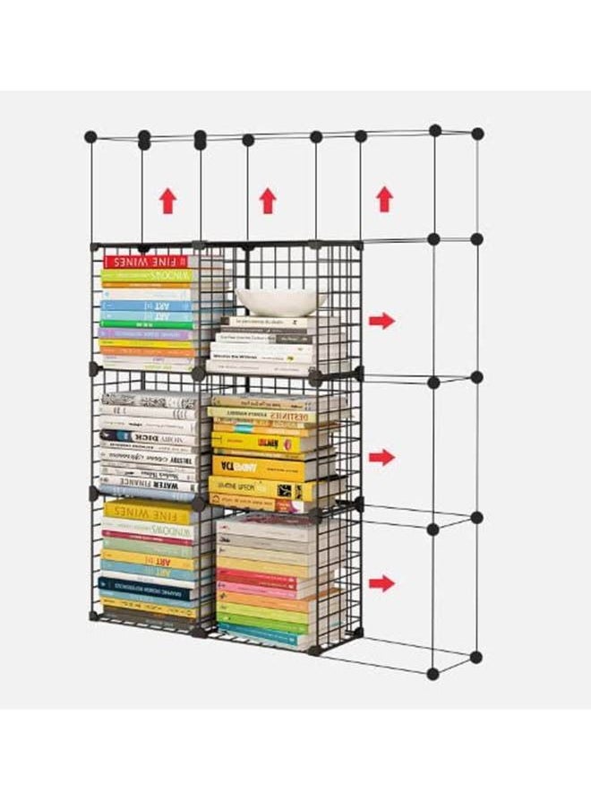 Bookcase Cube Modular Storage Shelves, Modern Simple Combination Bookshelf,Multi-Use DIY Wire Grids Folding Storage Organizer for Books, Toys, Clothes, Tools,Black