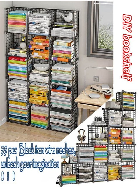 Bookcase Cube Modular Storage Shelves, Modern Simple Combination Bookshelf,Multi-Use DIY Wire Grids Folding Storage Organizer for Books, Toys, Clothes, Tools,Black