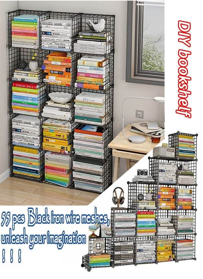 Bookcase Cube Modular Storage Shelves, Modern Simple Combination Bookshelf,Multi-Use DIY Wire Grids Folding Storage Organizer for Books, Toys, Clothes, Tools,Black