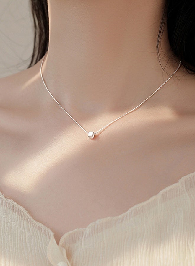 DAEVO 925 Silver Minimalist Cube Pendant Choker Necklace - Image 1