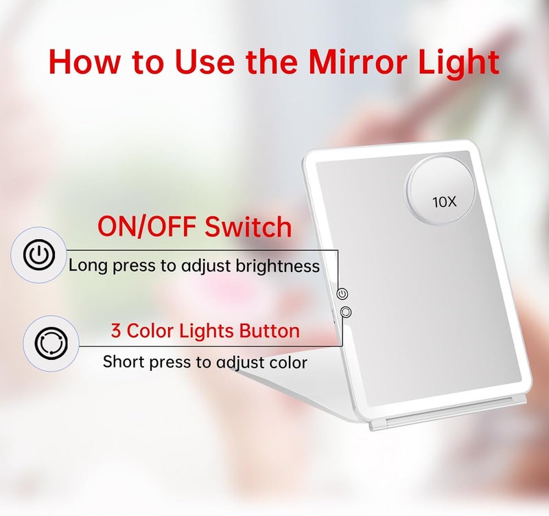 FUNTOUCH Rechargeable Large Travel Makeup Mirror with Lights, 2500mAh 10x7.5 Portable Lighted Makeup Mirror with 3 Color Lights, Dimming Folding Light Up Travel Mirrors with 10X Magnifying Mirror - Image 5