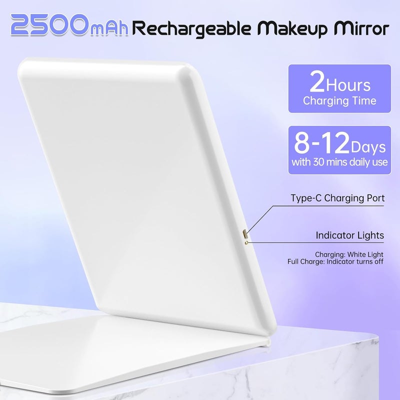 FUNTOUCH Rechargeable Large Travel Makeup Mirror with Lights, 2500mAh 10x7.5 Portable Lighted Makeup Mirror with 3 Color Lights, Dimming Folding Light Up Travel Mirrors with 10X Magnifying Mirror - Image 2