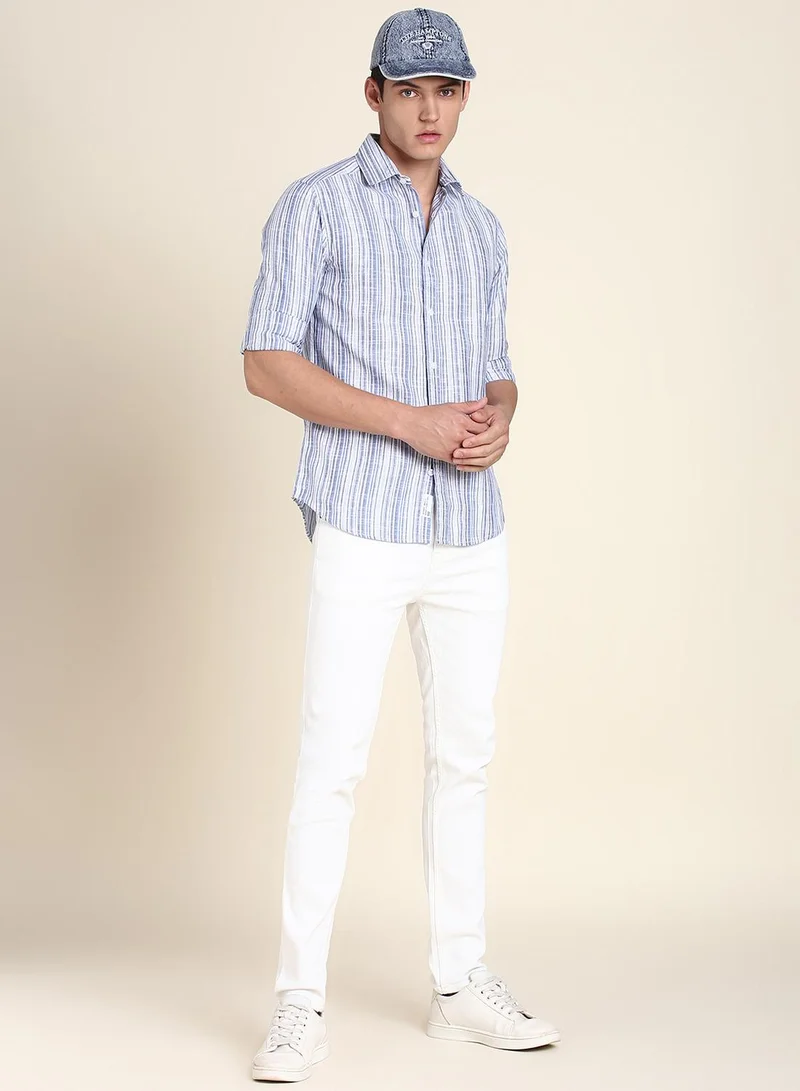 Dennis Lingo Blue Slim Fit Cotton Striped Shirt for Men - Spread Collar, Full Sleeves, Casual