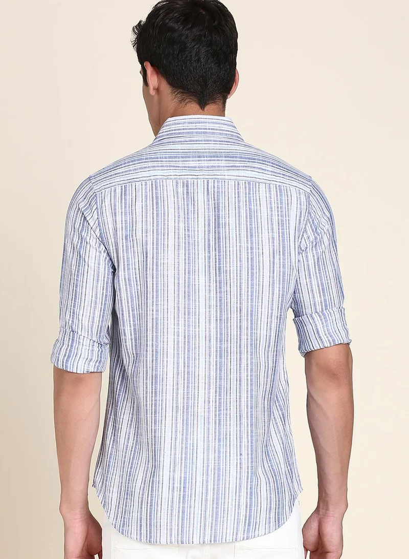 Dennis Lingo Blue Slim Fit Cotton Striped Shirt for Men - Spread Collar, Full Sleeves, Casual