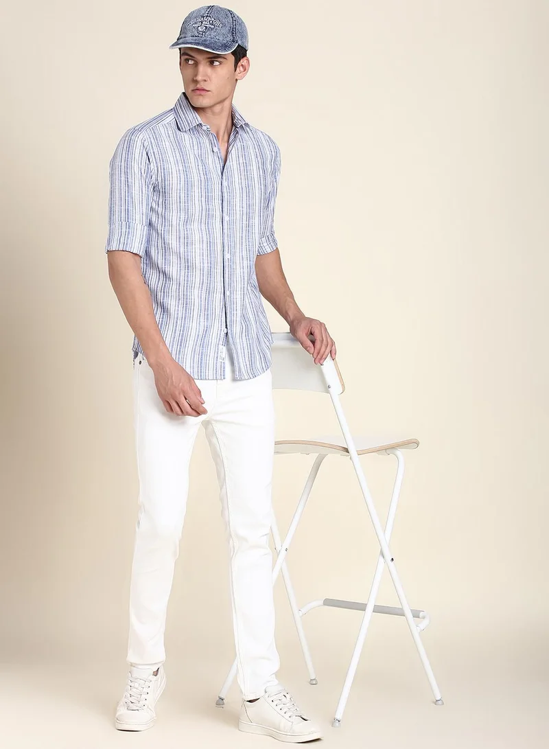 Dennis Lingo Blue Slim Fit Cotton Striped Shirt for Men - Spread Collar, Full Sleeves, Casual