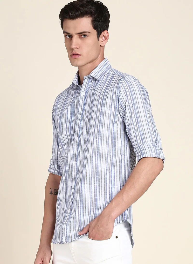 Dennis Lingo Blue Slim Fit Cotton Striped Shirt for Men - Spread Collar, Full Sleeves, Casual