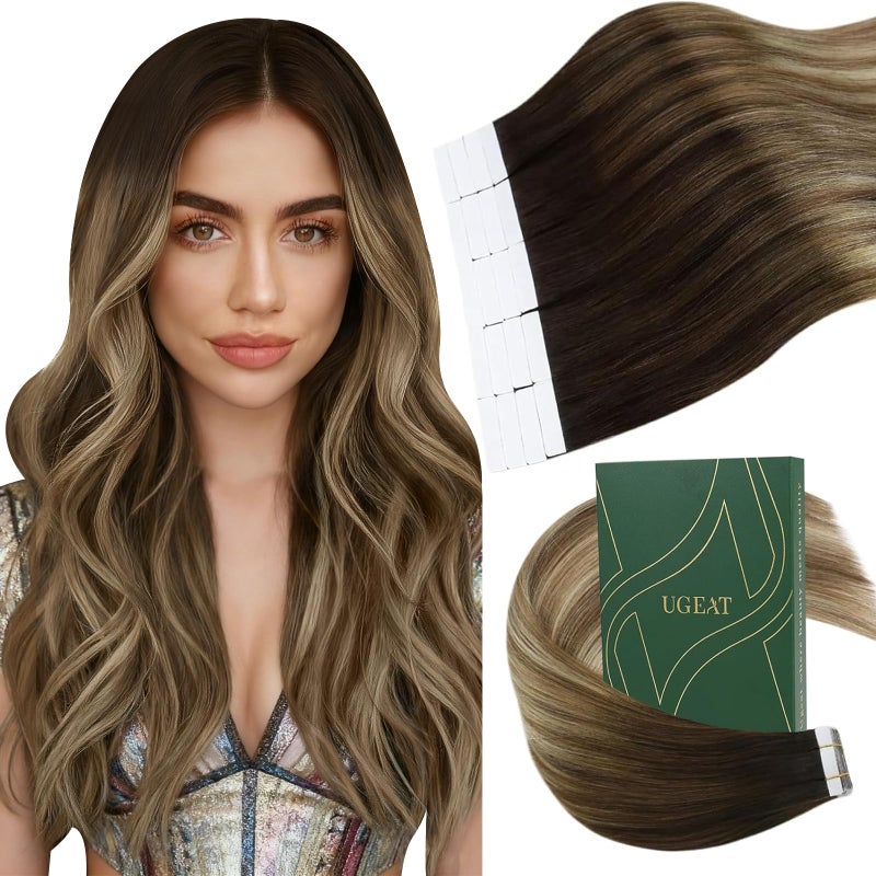 Ugeat Blonde Tape in Hair Extensions Ombre Invisible Tape in Extensions Human Hair Dark Brown Mix Medium Brown with Light Blonde Balayage Medium Length Straight for Girl 18Inch 50g 20Pcs