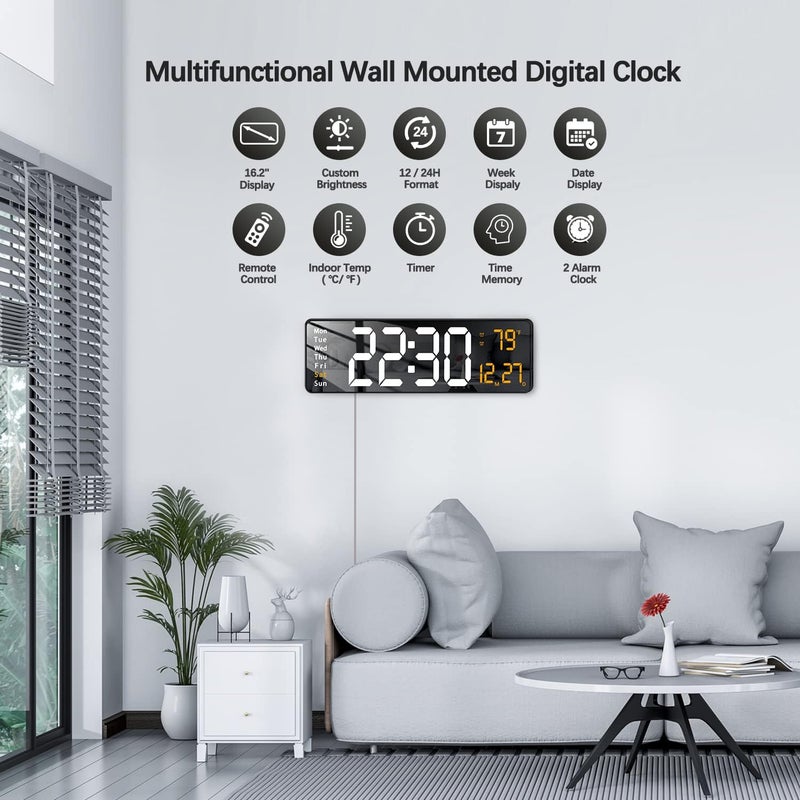 COYRASTH Modern 16 Large Digital Wall Clock with Remote Control LED Display AutoDimming Countdown Temperature Calendar1224Hr FormatSilent Wall Clock for Home Office or Gym Use Multicolor - Image 4